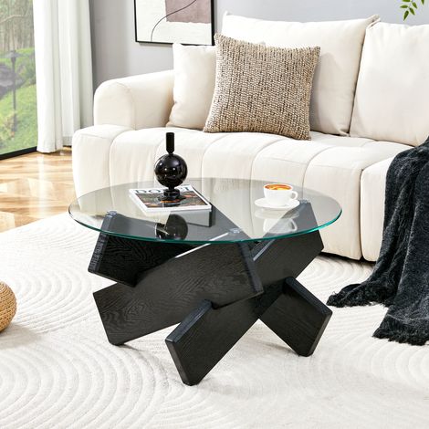 Table basse table ronde en verre trempé 79x79x45cm Design moderne en bois croisé Table d'appoint salon Petite table à manger Meuble salon Noir