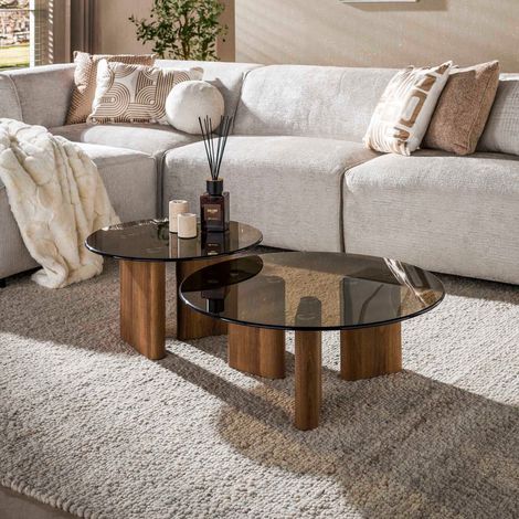 Lot de 2 tables basses rondes 58 et 76 cm en verre fumé brun et bois (1/4)