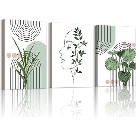 3 Pièces Boho Sage Vert Plantes Tableau Decoration Murale Encadré (1/5)