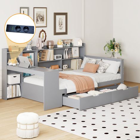 Cama multifunción de madera gris con escritorio 245,5x114,5x100 cm sin colchón - MEUBLIV (1/5)