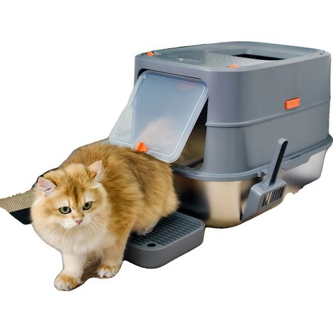 Arenero para gatos, diseño cerrado, tapa extraíble, GRIS (1/2)