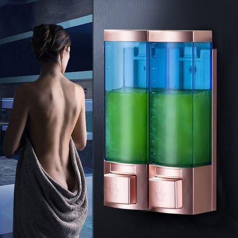 Distributeur de savon mural manuel, boîte à savon double tête en ABS transparent bleu doré pour salle de bain d'hôtel (1/5)