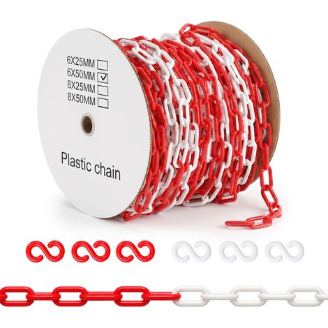 Chaîne de signalisation rouge et blanche 50m – Polyéthylène résistant aux UV – 6 mm d'épaisseur – Pour Délimitation chantier, parking, entrepôt
