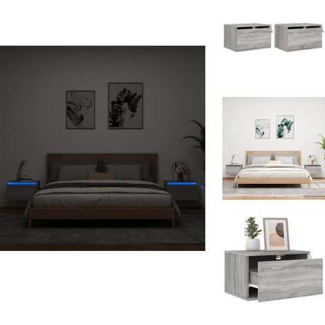 Wand-Nachttische mit LED-Leuchten 2 Stk. Grau Sonoma - Wandregal - Nachttisch - Wohnzimmer Deko - Beleuchtung - LED Leuchte (1/5)