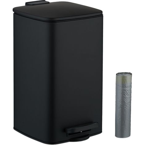 Relaxdays Cubo de Basura Baño, 8 Litros, Cierre Automático, Papelera Interior Extraíble, Metal, Tapa y Bolsas, Negro