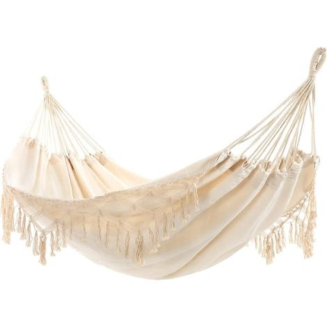 Hamaca bohemia de macramé color crema de tamaño doble con elegantes borlas y tejido de cola de pez, 485 lb, incluye cuerdas de sujeción. (1/4)