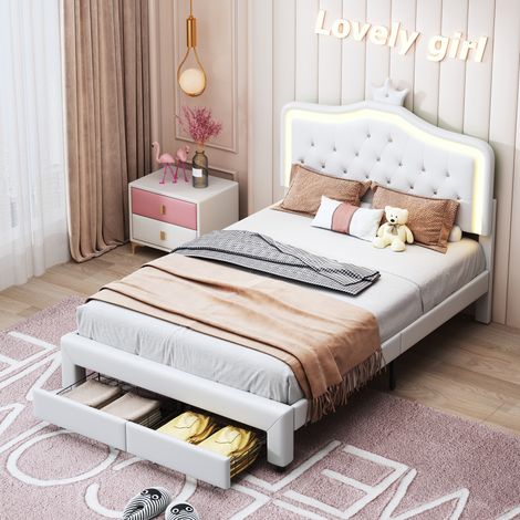 Lit enfant princesse 140x200 cm couronne tête de lit rembourrée LED multicolore tiroirs rangement sommier à lattes structure renforcée sans matelas pour chambre fille adolescente (Blanc)