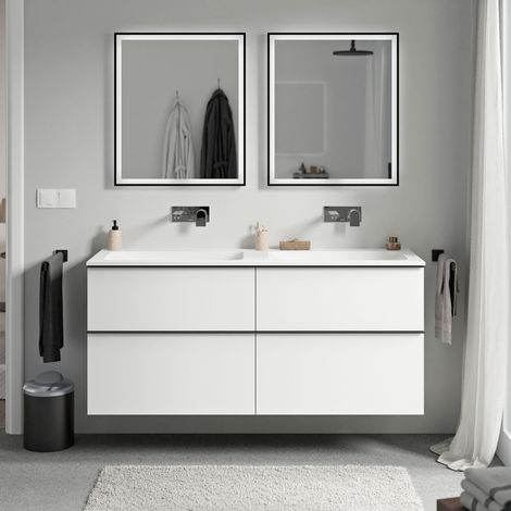 BERNSTEIN - Mueble lavabo suspendido MDF blanco mate, lavabo fundición blanco mate sin orificio grifería, tirador antracita mate 120x46x62cm - LAVOA blanco mate, antracita mate, Blanco mate sin agujer