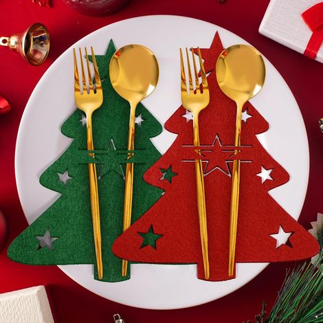 Porte Couverts de Noël, 8 Pièces Sac à Couverts en Feutre Sapin de Noël Paniers à Couvert Decoration de Table Noël, Rouge Vert Couteaux Fourchettes Cuillères Vaisselle Sacs à Couverts de Dîner Fête (1/5)