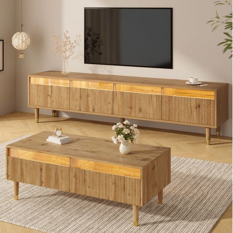Conjunto de salón mueble TV 178x35x45 cm y mesa de centro 110x50x40 cm color madera MDF con LED y ondas 3D (1/5)