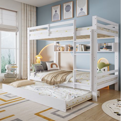 Cama alta infantil 90x200 cm blanca de pino, MDF y contrachapado, con cama extraíble, escalera y estante de 2 m (1/5)