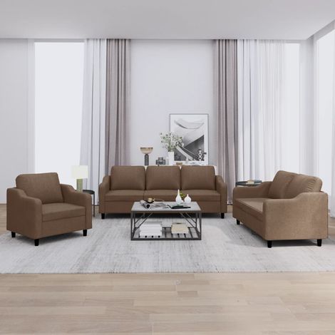 3-tlg. Sofagarnitur mit Kissen Braun Stoff (1/5)