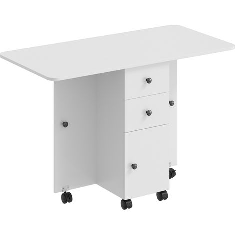 Table de salle à manger pliante, table de cuisine roulante avec tiroirs et placard, blanche (1/5)