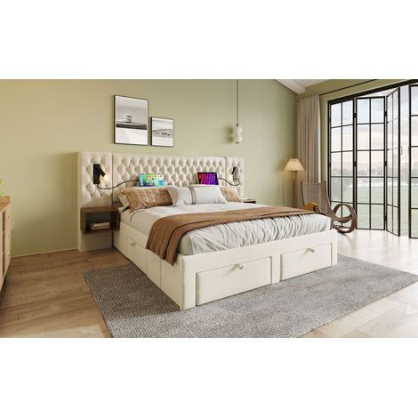Lit 160x200 cm avec sommier à lattes et matelas, 2 chevets, 4 tiroirs, lampes de lecture, USB et USB-C, velours beige (1/5)