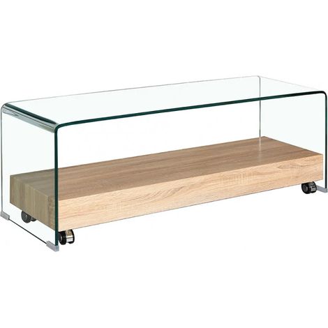 Meuble TV 130 cm en verre trempé sur roulettes – Plateau décor bois – Hauteur 45 cm – Charge max 40 kg – Meubletmoi (1/5)
