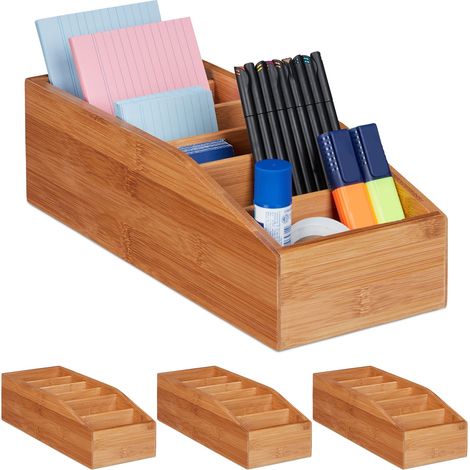 Relaxdays 4x Bamboo Storage Box, 6 Compartments, Office, Bathroom or Kitchen Organiser, HxWxD: 10x14x35cm, Natural