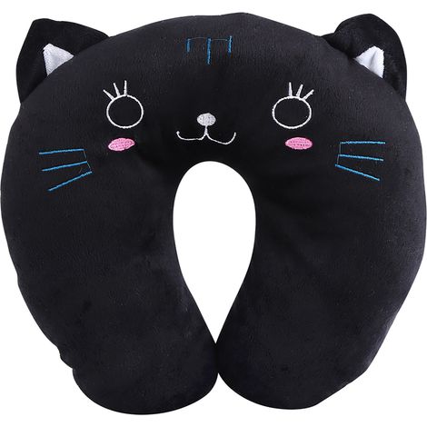 Coussin de voyage pour animaux en forme de U, oreiller en coton PP doux pour tête de chat noir, repose-tête auto jouet (1/5)