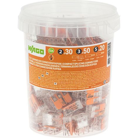 Wago – Pot de 100 bornes de connexion automatique 2,3 et 5 entrées – CAGE CLAMP® jusqu'à 32A – Pour fils souples et rigides – Boîtier transparent