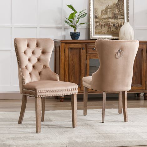 Chaise de salle à manger, garnie de clous décoratifs, pieds en bois massif, revêtement en velours, gris brun, lot de 2