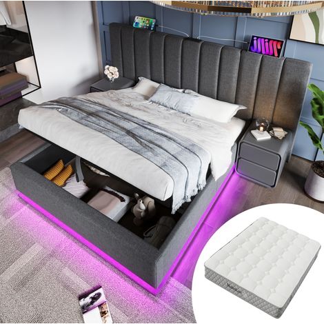 Lit rembourré 180x200 cm gris en lin, avec LED 360°, ports USB-C et coffre de rangement (1/5)