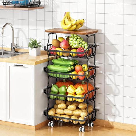 Corbeille à fruits à légumes à 5 niveaux pour cuisine, paniers de rangement empilables en métal avec roulettes roulantes, organiseurs de garde-manger et rangement pour cuisine, salon, buanderie (1/5)