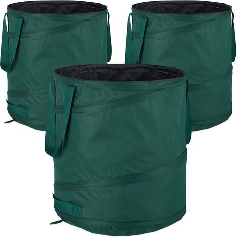 Relaxdays Freistehende Gartenabfallsäcke, 3er-Pack, 60 l, mit Griffen, UV-beständig, auslaufsicher, grün (1/5)