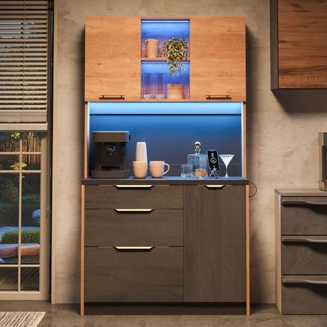 Meuble haut - WESTYLE - Design béton - 100x40x180 cm - Plan de travail noir - LED réglable & prise intégrée (1/5)