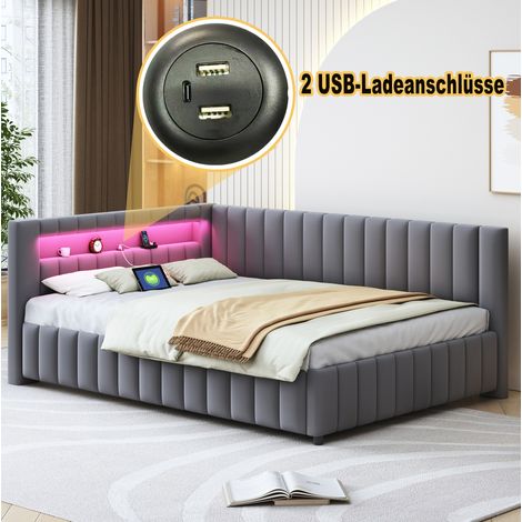 Polsterbett Schlafsofa 140/200 cm grau aus Samt mit LED-Licht und USB-Anschluss (1/5)