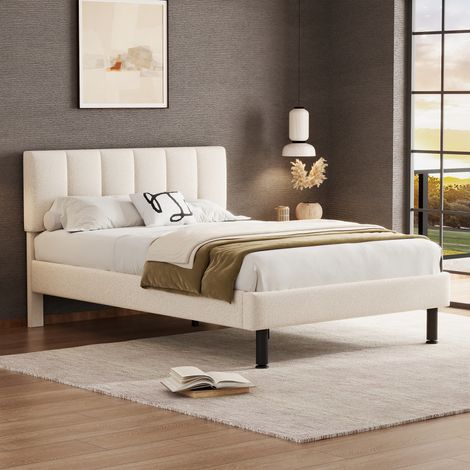 Lit capitonné en tissu sherpa beige, 140 x 190 cm, sommier à lattes, pieds en fer, design moderne et sobre, matelas non inclus (1/4)