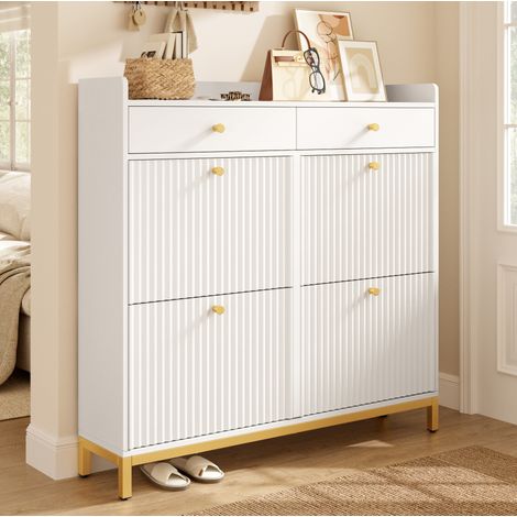 Zapatero estrecho con 4 puertas abatibles y 2 cajones, 106,5 x 25 x 107 cm, blanco HAVRYA (1/5)