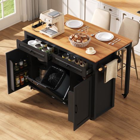 Îlot de cuisine sur roulettes, chariot de cuisine avec multiprises, table de travail extensible et compartiment poubelle, noir (1/5)