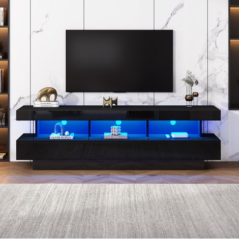 Mobile TV 160 cm nero, 3 ripiani in vetro, LED Bluetooth, per TV fino a 70 pollici DESVIAE (1/5)