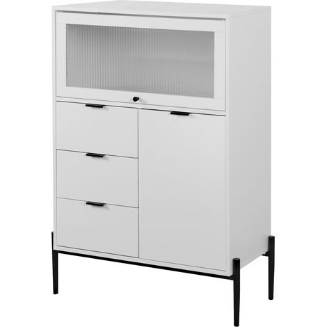 Credenza bianca con 3 cassetti, 1 porta e 1 porta in vetro, 85 x 40 x 120 cm (1/5)