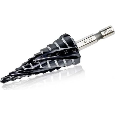 Stufenbohrer M35-4-22 mm: Kobalt-Stufenbohrer mit vier spiralförmigen Schneiden, Schnellwechselschaft, konischer HSS-Bohrer für Metall, Aluminium und Edelstahl – 4–22 mm (1/5)
