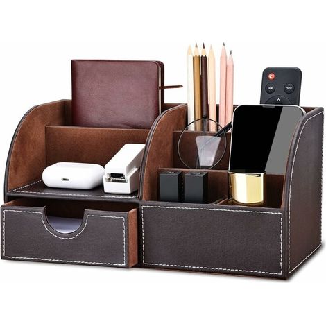 Organisateur De Bureau - 7 Compartiments - Cuir Synthétique PU - Tiroir Caché - Pour Stylos Calculatrice Téléphone - 1 Pièce (1/5)