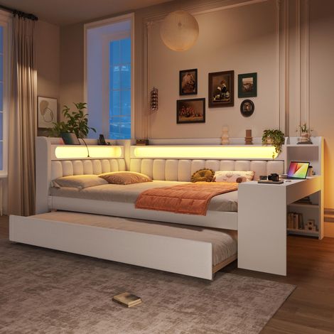 Banquette-lit capitonnée 140x200 cm avec ports USB et ceinture LED, lit gigogne et bureau, blanche, avec sommier à lattes de haute qualité