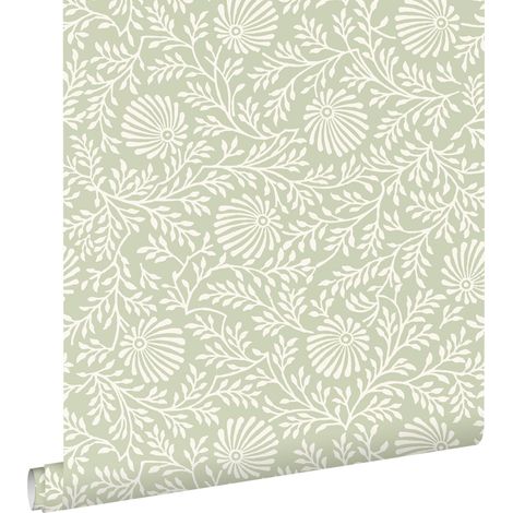 papier peint fleurs vintage vert grisé clair - ESTAhome (1/5)