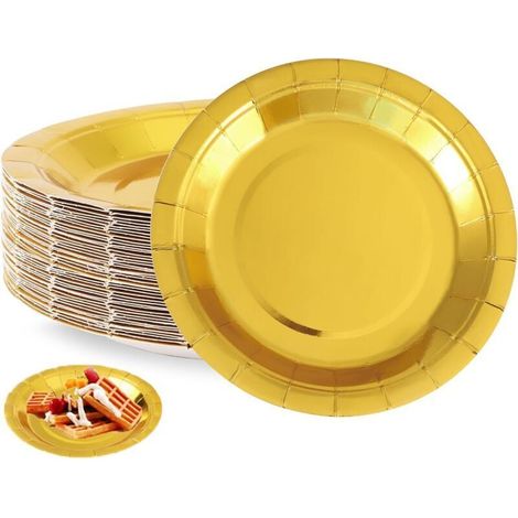 50 Pièces Assiettes à Dessert Or, Assiette Anniversaire, 7 Pouces/18cm Assiettes en Carton, Assiettes Dorées, Jaune Papier Assiette pour Fêtes, Noël, Mariages, Anniversaires
