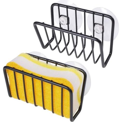 Porte-éponges double - Étagère - Organisateur d'évier - Porte-torchons - Ustensiles de cuisine - Égouttoir - Fixation par ventouses - Acier inoxydable - Noir (1/5)