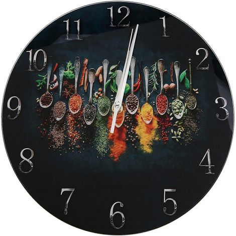 Horloge murale silencieuse en verre avec un motif épicé éclatant - Verre épais renforcé, décoration moderne pour la cuisine et la chambre (1/5)
