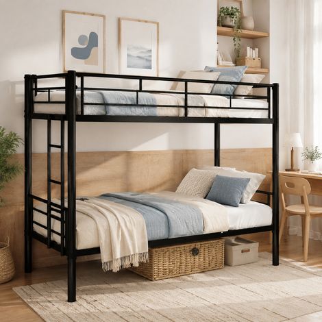 Letto a castello 196/103/156 cm in metallo nero convertibile in due letti singoli, con scala e sponde (1/5)