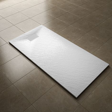 ELEGANT 1600x800mm Slip-Resistance Shower Tray White Slate Effect Square Shower Enclosure Base with Waste Trap and Stainless Steel Drain Cover A