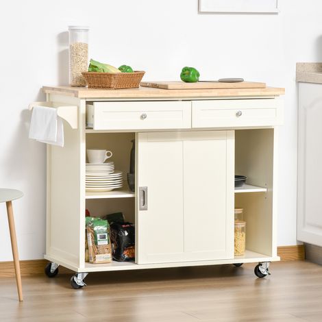Carrello da cucina multifunzionale con ruote, 2 ante scorrevoli, 2 cassetti e asta appendiabiti, 110x49,5x89,5 cm, color crema. (1/5)