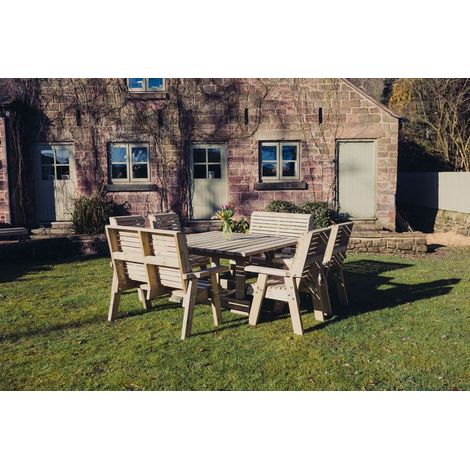 Ergo 8 Seater Square Table Including 4 Benches - Swedish Redwood - L149 x W149 x H77 cm - Minimal Assembly Required