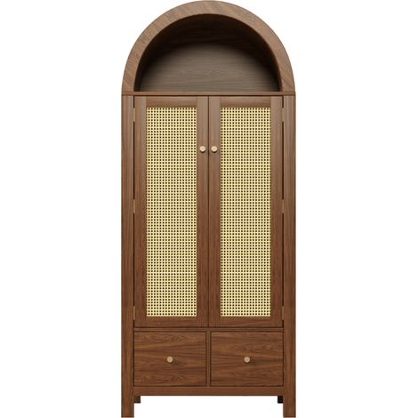Armario ropero 181x78x45 cm efecto nogal con puertas de ratán, 2 cajones y barra (1/5)