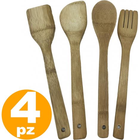 Set 4 Utensilios Cocina Bambú Madera Cucharón Tenedor Espátula - (1/2)