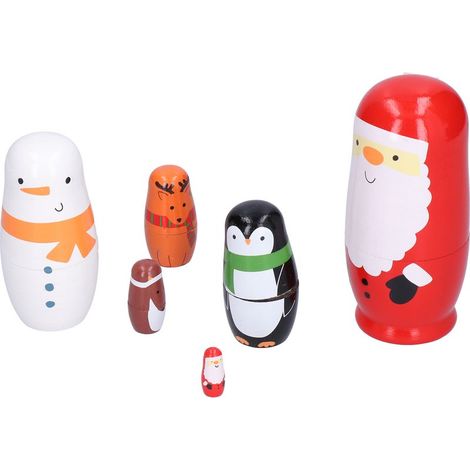 Poupée russe en bois à six couches, objet artisanal en bois peint, cadeau de Noël pour enfants, décoration hivernale de dessin animé. (1/5)