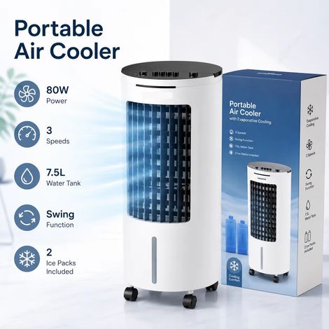 Refroidisseur d'air portable 7.5L, climatiseur évaporatif 80W, 3 vitesses, ventilateur de refroidissement à eau avec roulettes pour la maison, la chambre, le bureau