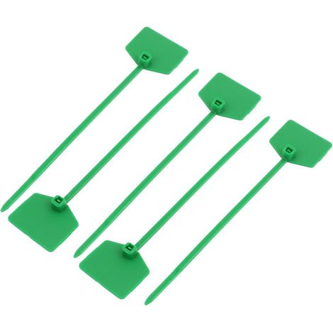 5 selbstsichernde Nylonelemente 3×120 mm, grüne Reißverschlussfaden-Etiketten, Markierungskordelverbinder