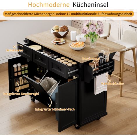 Îlot de cuisine mobile avec roulettes, table escamotable, compartiment poubelle et tiroirs, plan de travail roulant pour cuisine et salle à manger, noir (1/5)